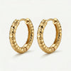 Pair of gold hoop earrings with a textured, faceted surface on a white background.