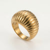 Gold-toned stainless steel ring with a wide, ridged, dome-shaped top.