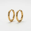 Pair of shiny gold-plated hoop earrings with a hinged closure, on a white background.