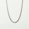 Silver herringbone chain necklace with intricate etched detailing on a white background.