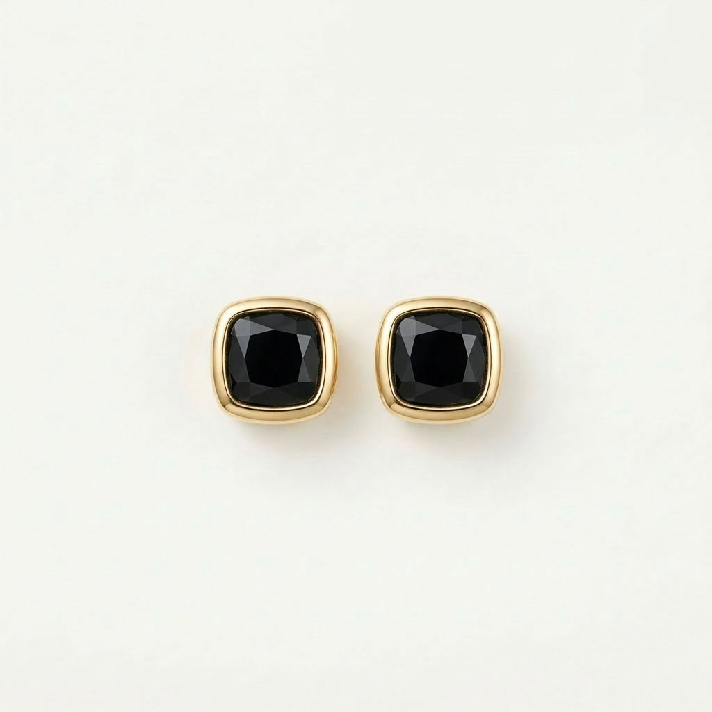 Gold-plated square black crystal studs