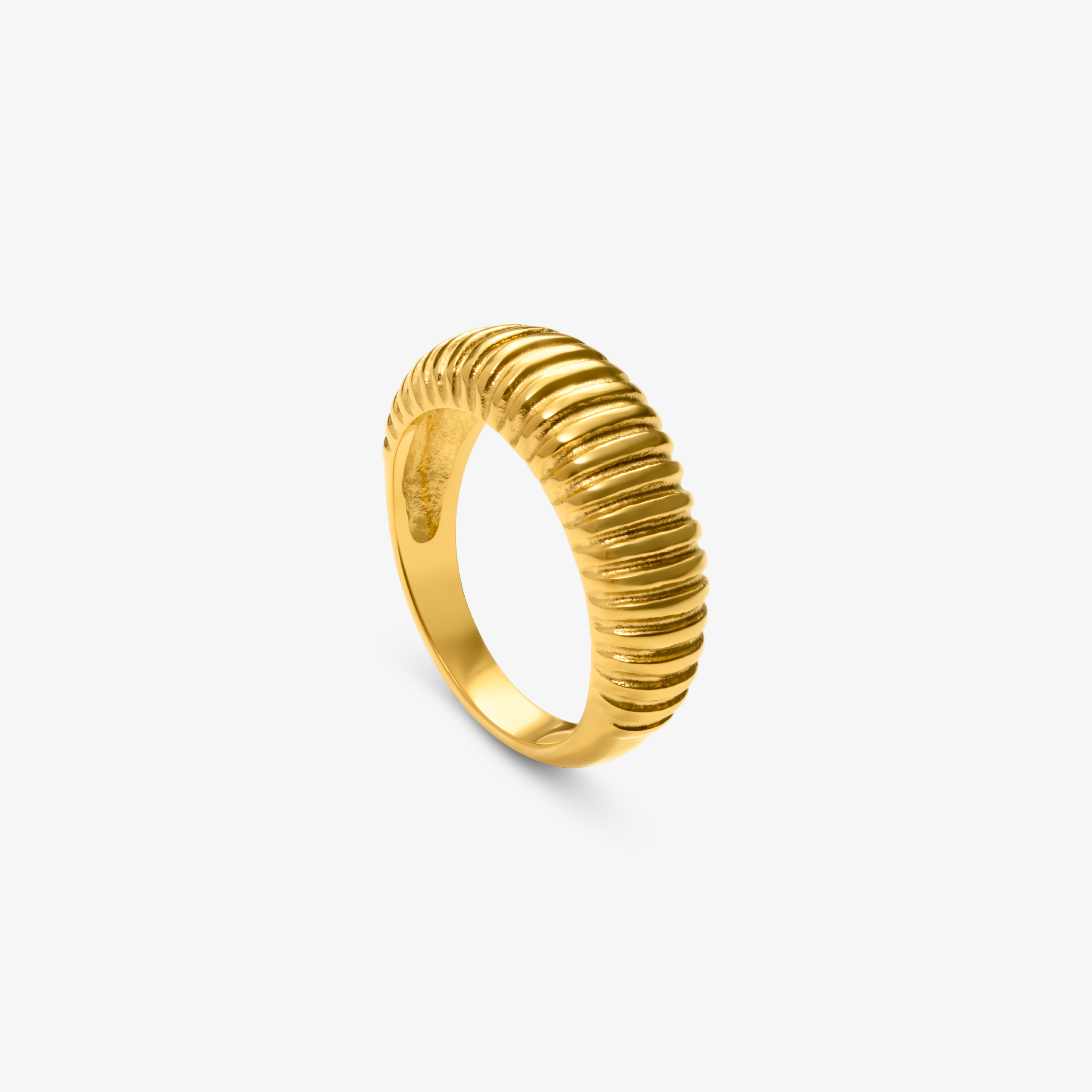 Gold-plated ribbed dome ring at angle