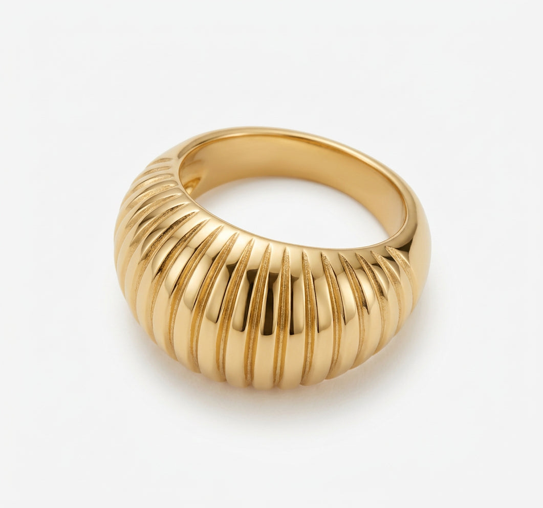Gold-plated top-down view of ribbed ring