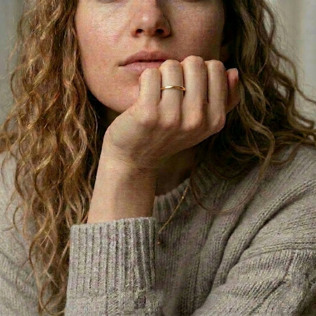 Gold-plated ring on model's hand, close-up