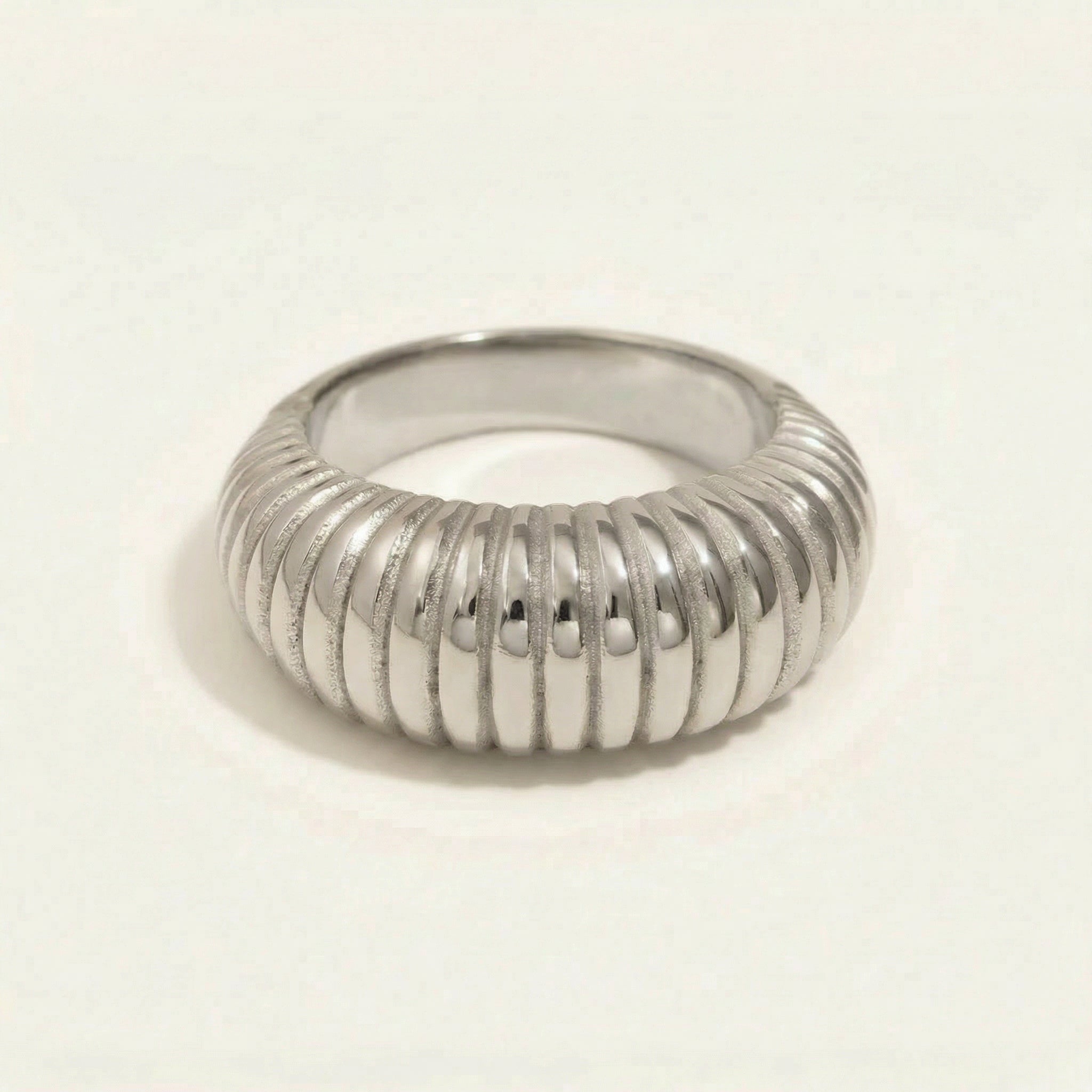 Silver top-down view of ribbed ring